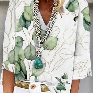 Casual Leaf V Neck Loose Shirt, Shirts, color:Green|size:XXL, catalog Noracora shop