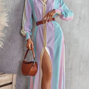 Casual Shirt Collar Regular Fit Striped Dress, Maxi Dresses, color:As Picture|size:XXL, Stylewe