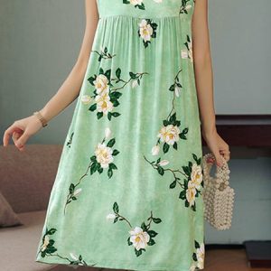 Women's Breathable Comfortable Floral Print Nightdress, Loungewear & Sleepwear, color:Light_green|size:XL, JustFashionNow