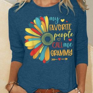 Women's My Favorite People Call Me Grammy Funny Graphic Printing Regular Fit Casual Crew Neck Sunflower Shirt, Long sleeves, Lilicloth.com