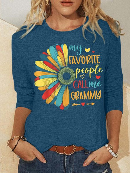 Women's My Favorite People Call Me Grammy Funny Graphic Printing Regular Fit Casual Crew Neck Sunflower Shirt, Long sleeves, Lilicloth.com
