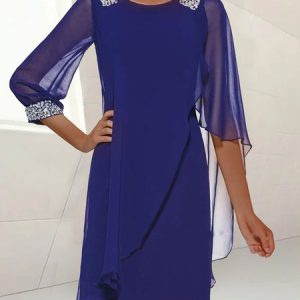 JFN Round Neck Chiffon Elegant Occasion PartyFormal Midi Prom Dress, Formal Dresses, color:Navyblue|size:XXL, JustFashionNow