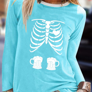 Casual Abstract Crew Neck Long Sleeve T-shirt, T-shirts, color:Blue|size:3XL, Noracora