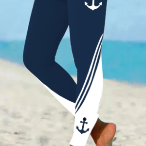Plus Size Printing Vacation Color Block Leggings, Leggings, color:white-blue|size:4X, JustFashionNow