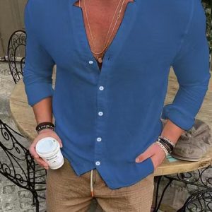 Cotton And Linen Casual Plain Shirt, Shirts ＆ Blouse, color:Deep Blue|size:3XL, JustFashionNow