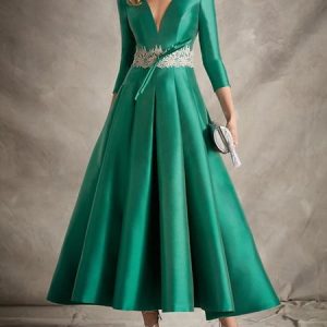 A-Line Mother of the Bride Dress Simple Elegant V Neck Ankle Length Satin 3/4 Length Sleeve with Sash / Ribbon Pleats 2023, Formal Dresses, color:Green|size:XXL, JustFashionNow