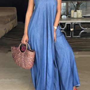 Casual Plain Summer Polyester Halter Natural Lightweight No Elasticity Daily Dresses for Women, Maxi Dresses, color:Blue|size:XXL, Stylewe