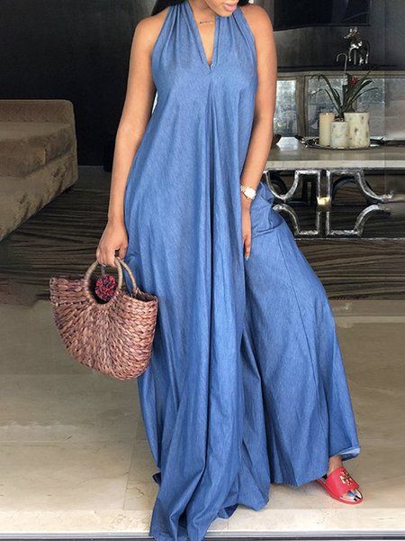 Casual Plain Summer Polyester Halter Natural Lightweight No Elasticity Daily Dresses for Women, Maxi Dresses, color:Blue|size:XXL, Stylewe