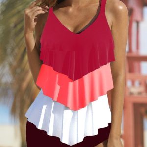 Simple Plain Flouncing Scoop Neck Tankini, swimwear>>Tankinis, color:Red|size:S, JustFashionNow