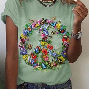 Crew Neck Loose Casual Floral T-Shirt, T-Shirts, color:Green|size:XXL, JustFashionNow