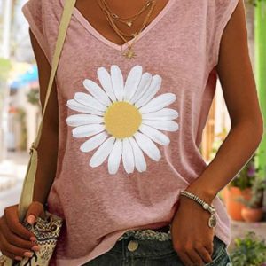 Large Daisy Flower Casual Knit Tank, color:Pink|size:3XL, Lilicloth.com