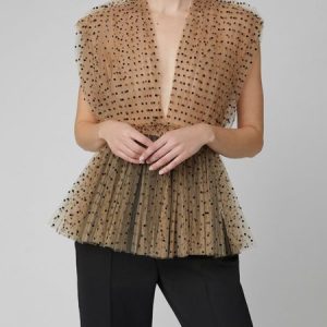 Loose Polka Dots Elegant Sleeveless Shirt, Blouses and Shirts, color:Khaki|size:XXL, Stylewe