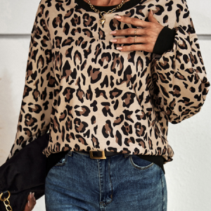 Casual Crew Neck Leopard Sweatshirt, Hoodies & Sweatshirts, color:Apricot|size:XL, Noracora