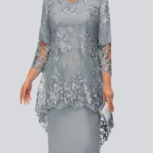 Crew Neck Urban Loose Lace Two-Piece Set, Formal Dresses, color:Gray|size:XXL, JustFashionNow