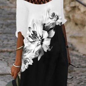 Women Floral Crew Neck Three Quarter Sleeve Comfy Vintage Short Dress, Maxi, color:Black|size:3XL, Noracora
