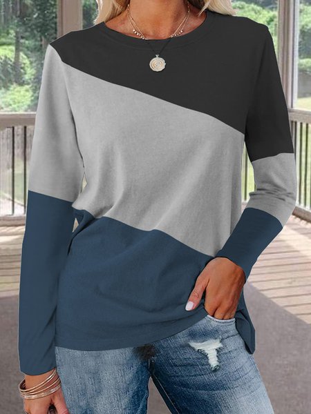 JFN Women Crew Neck Color Block Casual Loose Long Sleeve Basic T-shirt, T-Shirts, color:Blue|size:XXL, JustFashionNow