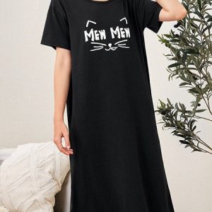 Women's Alphabet Cat Pattern Round Neck Loose Home Nightdress, Loungewear & Sleepwear, color:Black|size:XL, JustFashionNow