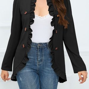 Long Sleeve Plain Regular Loose Trench Coat For Women, Trench coat, color:Black|size:XXL, Noracora