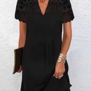 Elegant Lace Edge V Neck Dress, Formal Dresses, color:Black|size:XXL, JustFashionNow