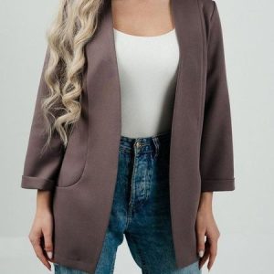 Wrap Casual Loose Plain Blazer, Blazers, color:Deep Brown|size:XXL, JustFashionNow