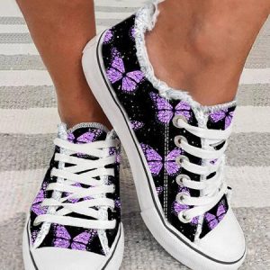 Purple Butterfly Pattern Casual Lace-Up Canvas Shoes, color:Purple|size:43, Lilicloth.com