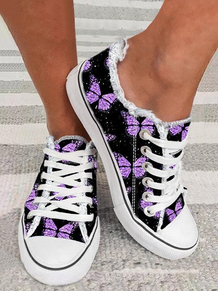Purple Butterfly Pattern Casual Lace-Up Canvas Shoes, color:Purple|size:43, Lilicloth.com