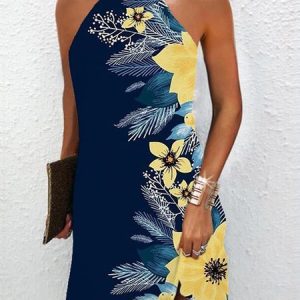 Halter Floral Casual Sleeveless Knitting Dress, Dresses, color:Dark Blue|size:XXL, JustFashionNow