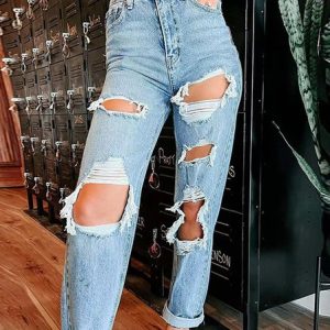 Ladies Urban Casual Simple Basic Ripped Denim Trousers Versatile Clothing, Jeans, color:Blue|size:XXL, JustFashionNow