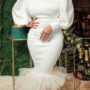 Regular Fit Elegant Plain Crew Neck Party Dress, Midi Dresses, color:White|size:XXL, Stylewe