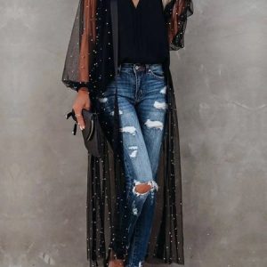 Vacation Plain Loose  Long sleeve Kimono, Kimonos, color:Black|size:XXL, Stylewe