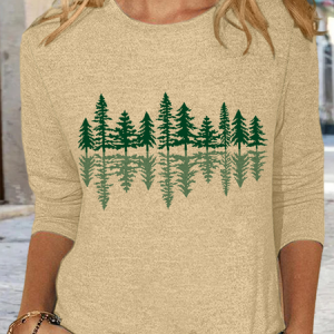 Women's Tree Simple Regular Fit Crew Neck Shirt, color:Khaki|size:3XL, Lilicloth.com