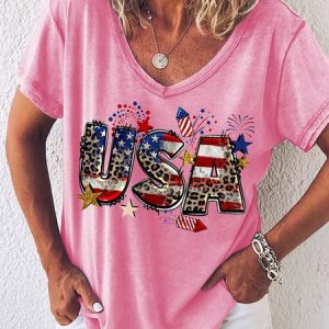 Text Letters Loose Casual V Neck T-Shirt, color:Pink|size:3XL, Lilicloth.com