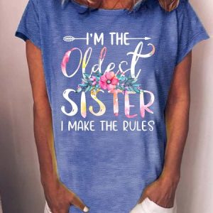 Women’s I’m The Oldest Sister I Make The Rules Text Letters Casual T-Shirt, color:Blue|size:3XL, Lilicloth.com