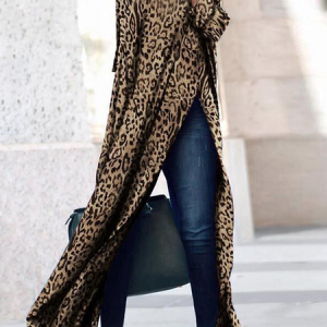 Micro-Elasticity Urban Stand Collar Loose Leopard Long Top, Blouses and Shirts, color:Leopard|size:XXL, Stylewe