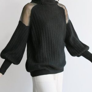 Regular Fit Half Turtleneck Elegant Plain Sweater, Pullovers, color:Black|size:XXL, Stylewe