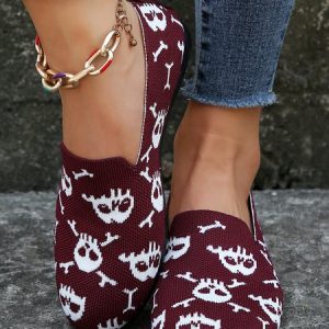 Halloween Skull Print Breathable Mesh Fabric Casual Shoes, Flats, color:Wine Red|size:43, JustFashionNow