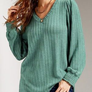 Jacquard Plain V Neck Loose Top, Tops, color:Cyan|size:XXL, JustFashionNow