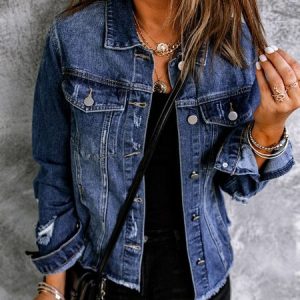 Casual Loose Denim Coat, Jackets, color:Deep Blue|size:XXL, Noracora