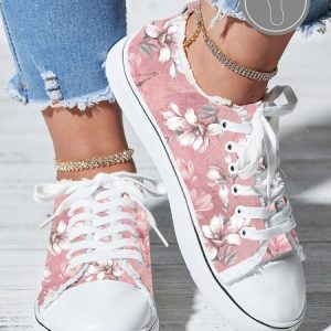 Casual Pink Floral Print Fringe Lace-Up Canvas Shoes, Sneakers, color:Pink|size:43, JustFashionNow