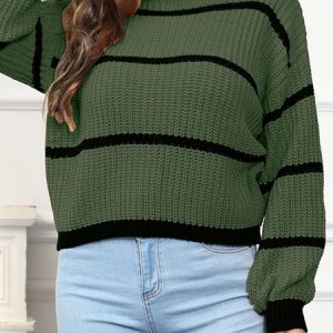 Casual Striped Crew Neck Sweater, Sweaters, color:Green|size:XL, JustFashionNow