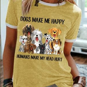 Women's Dog Make Me Happy Humans Make My Head Hurt Funny Graphic Print Cotton-Blend Casual Crew Neck Regular Fit T-Shirt, color:Yellow|size:3XL, Lilicloth.com
