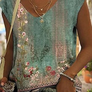 Plus size Casual Loose Floral V Neck Tank Top, Tanks & Camis, color:Green|size:4X, JustFashionNow