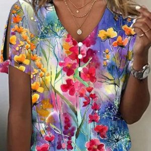 Casual Buttoned Floral Loose Blouse, Blouses, color:Blue|size:XXL, Noracora
