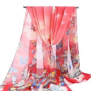 Vacation Butterfly Floral Pattern Silk Scarf Spring Summer Beach Accessories, Women Scarves & Shawls, color:Red|size:One-size, JustFashionNow