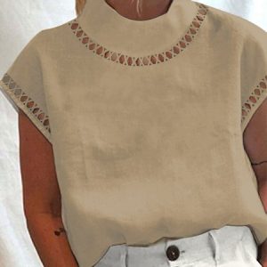 Cotton And Linen Lace Shirt, Blouses, color:Light Khaki|size:XXL, Noracora