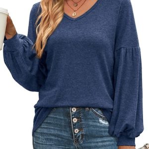 V Neck Long Sleeve Plain Regular Micro-Elasticity Loose Shirt For Women, Blouses, color:Deep Blue|size:XXL, Noracora