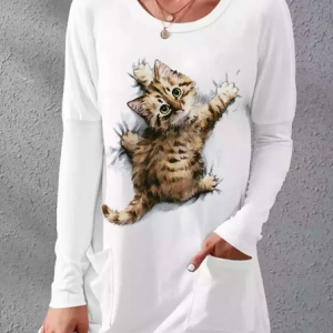 Crew Neck Cat Loose Casual Top, Tops, color:White|size:XXL, JustFashionNow