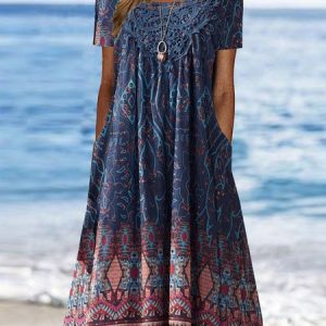 Square Neck Casual Ethnic Dress, Dresses, color:Dark Blue|size:XXL, JustFashionNow