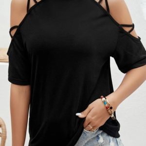 Casual Crew Neck Plain Criss Cross Cold Shoulder T-Shirt, T-Shirts, color:Black|size:XXL, JustFashionNow