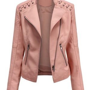 Long Sleeve Plain Regular Loose Leather & Faux Leather For Women 2023, Jackets, color:Pink|size:4XL, Noracora